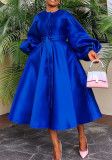 Women Solid Loose Buttoned Balloon Sleeve Dress