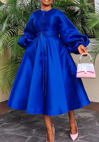 Women Solid Loose Buttoned Balloon Sleeve Dress