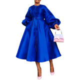 Women Solid Loose Buttoned Balloon Sleeve Dress