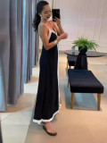 Women Elegant Contrast Color V Neck Strap Dress