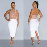 WomenSolid Mesh Beaded Halter Neck Maxi Dress