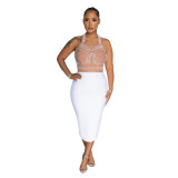 WomenSolid Mesh Beaded Halter Neck Maxi Dress