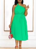 Women Summer Solid Slash Shoulder Lace-Up Loose Pleated Dress