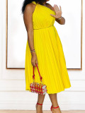 Women Summer Solid Slash Shoulder Lace-Up Loose Pleated Dress