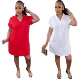 Women Sexy Solid V Neck Short Sleeve Turndown Collar Solid Dress