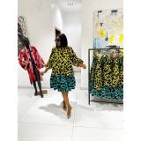 Women Printed Lace-Up Balloon Sleeves Loose Large Hem Round Neck Dress