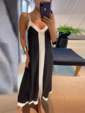 Women Elegant Contrast Color V Neck Strap Dress