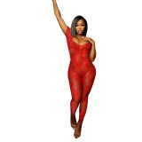 Women Summer Lace Short Sleeve Backless Sexy Jumpsuit
