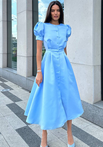 Women Round Neck Puff Short Sleeve Pleated Pearl Button Dress