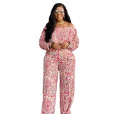 Women Sexy Printed Loose Off Shoulder Elastic Pleated Long Sleeve Top and Wide Leg Pants Two-piece Set