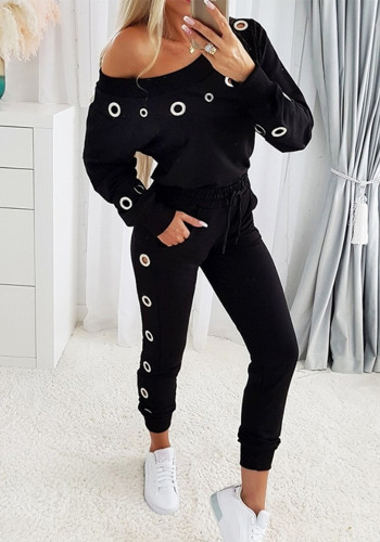 Women Casual Long Sleeve Slash Shoulder Top And Pant Two Piece Set