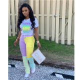 Women printed short-sleeved T-shirt and color-blocked trousers sports two-piece set