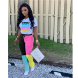 Women printed short-sleeved T-shirt and color-blocked trousers sports two-piece set