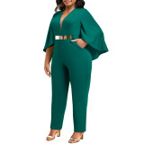 Plus Size Women Sexy Solid Bat Cape Sleeve V Neck Jumpsuit