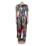 Women Sexy Printed Top and Loose Wide Leg Pants Two-piece Set