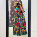 Women Sexy Printed Top and Loose Wide Leg Pants Two-piece Set