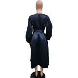 Women Solid Loose Buttoned Balloon Sleeve Dress