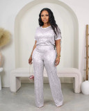 Women Spring Summer Sequin Solid Short Sleeve Top and Pants Two-piece Set
