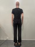 Women Spring Summer Sequin Solid Short Sleeve Top and Pants Two-piece Set