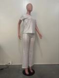 Women Spring Summer Sequin Solid Short Sleeve Top and Pants Two-piece Set