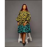 Women Printed Lace-Up Balloon Sleeves Loose Large Hem Round Neck Dress