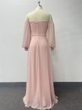 Women Elegant Strapless Long Sleeve Zip Slit Dress