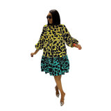Women Printed Lace-Up Balloon Sleeves Loose Large Hem Round Neck Dress