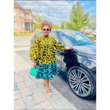 Women Printed Lace-Up Balloon Sleeves Loose Large Hem Round Neck Dress
