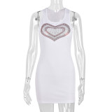 Women Spring Summer Beaded Heart Print U Neck Sexy Dress