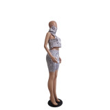 Women Printed Top and Printed Shorts Two-piece Set with Mask