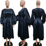 Women Solid Loose Buttoned Balloon Sleeve Dress