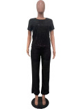 Women Spring Summer Sequin Solid Short Sleeve Top and Pants Two-piece Set