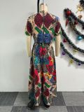 Women Sexy Printed Top and Loose Wide Leg Pants Two-piece Set