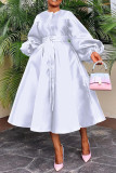 Women Solid Loose Buttoned Balloon Sleeve Dress