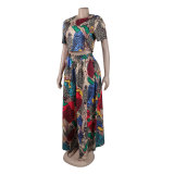 Women Sexy Printed Top and Loose Wide Leg Pants Two-piece Set
