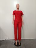 Women Spring Summer Sequin Solid Short Sleeve Top and Pants Two-piece Set