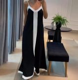 Women Elegant Contrast Color V Neck Strap Dress