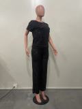 Women Spring Summer Sequin Solid Short Sleeve Top and Pants Two-piece Set