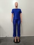 Women Spring Summer Sequin Solid Short Sleeve Top and Pants Two-piece Set