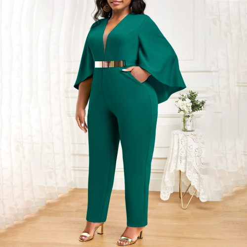 Plus Size Women Sexy Solid Bat Cape Sleeve V Neck Jumpsuit