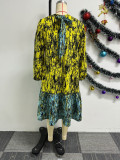 Women Printed Lace-Up Balloon Sleeves Loose Large Hem Round Neck Dress
