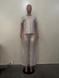 Women Spring Summer Sequin Solid Short Sleeve Top and Pants Two-piece Set