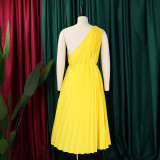 Women Summer Solid Slash Shoulder Lace-Up Loose Pleated Dress