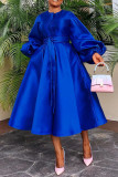 Women Solid Loose Buttoned Balloon Sleeve Dress