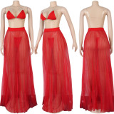 Women Sexy Bikini Beach Mesh Pleated Skirt Set
