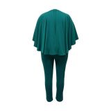 Plus Size Women Sexy Solid Bat Cape Sleeve V Neck Jumpsuit