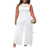 Plus Size Women Solid Career Lace  Loose Jumpsuit