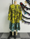 Women Printed Lace-Up Balloon Sleeves Loose Large Hem Round Neck Dress