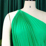 Women Summer Solid Slash Shoulder Lace-Up Loose Pleated Dress