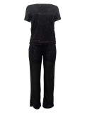 Women Spring Summer Sequin Solid Short Sleeve Top and Pants Two-piece Set